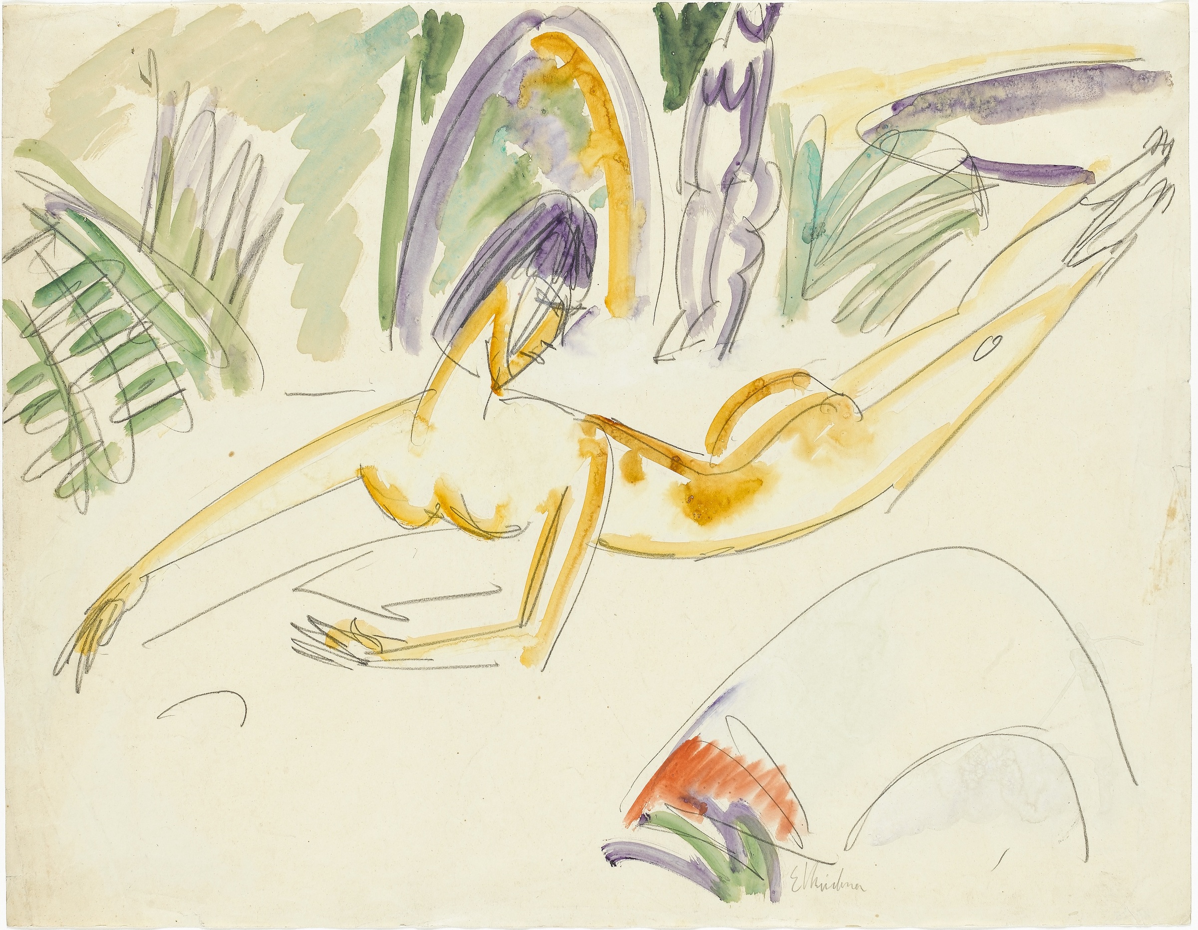 Ernst Ludwig Kirchner, Liegender weiblicher Akt am Fehmarnstrand, 1912, Bleistift und Aquarell auf weißem Papier, 46 x 59 cm, Staatsgalerie Stuttgart (Foto: Staatsgalerie Stuttgart, Presse 2016)