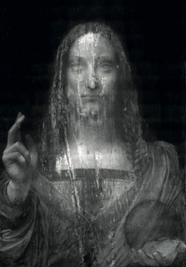 Infrarotaufnahme von Leonardo da Vinci (1452-1519) Salvator Mundi oil on panel 25 7/8 x 18 in. (65.7 x 45.7 cm.) Painted circa 1500. (Foto: Christie's Presse 2017 / Aus dem Leonardo da Vinci Salvator Mundi Catalogue)