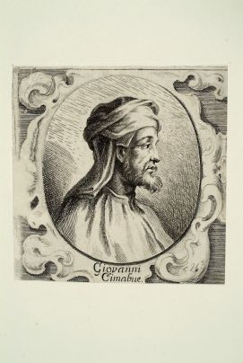 Cimabue, Kupferstich eines zeitgenössischen Bildes aus dem 13. Jh., B 10,4 cm, H 10,6 cm (Blatt), Heidelberg, Universitätsbibliothek Heidelberg, Inventar-Nr. Graph. Slg. P_0562.